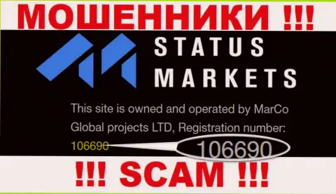 StatusMarkets не скрывают регистрационный номер: 106690, да и для чего, кидать клиентов номер регистрации не мешает