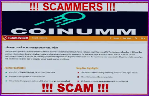 Information about Coinumm Com scammers from scamadviser com