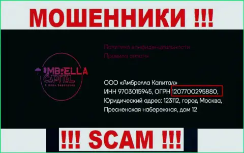 ООО Амбрелла Капитал internet-кидал Umbrella Capital зарегистрировано под этим регистрационным номером - 207700295880