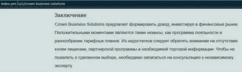 Forex компания Crown Business Solutions описывается в обзоре на интернет-ресурсе index-pro ru