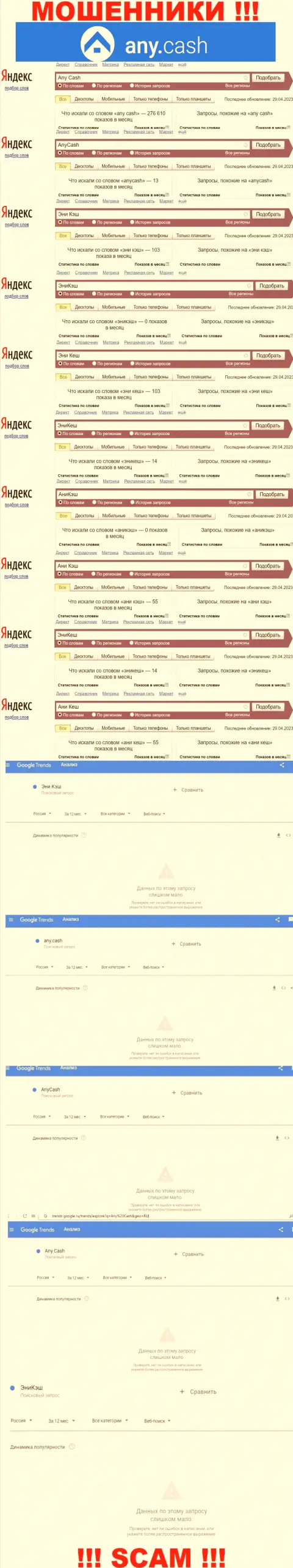 Скрин результата online-запросов по противозаконно действующей организации Any Cash