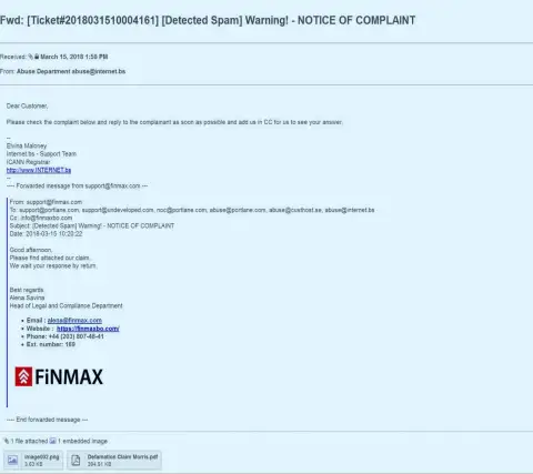 Похожая жалоба на официальный веб-ресурс FiNMAX поступила и регистратору домена